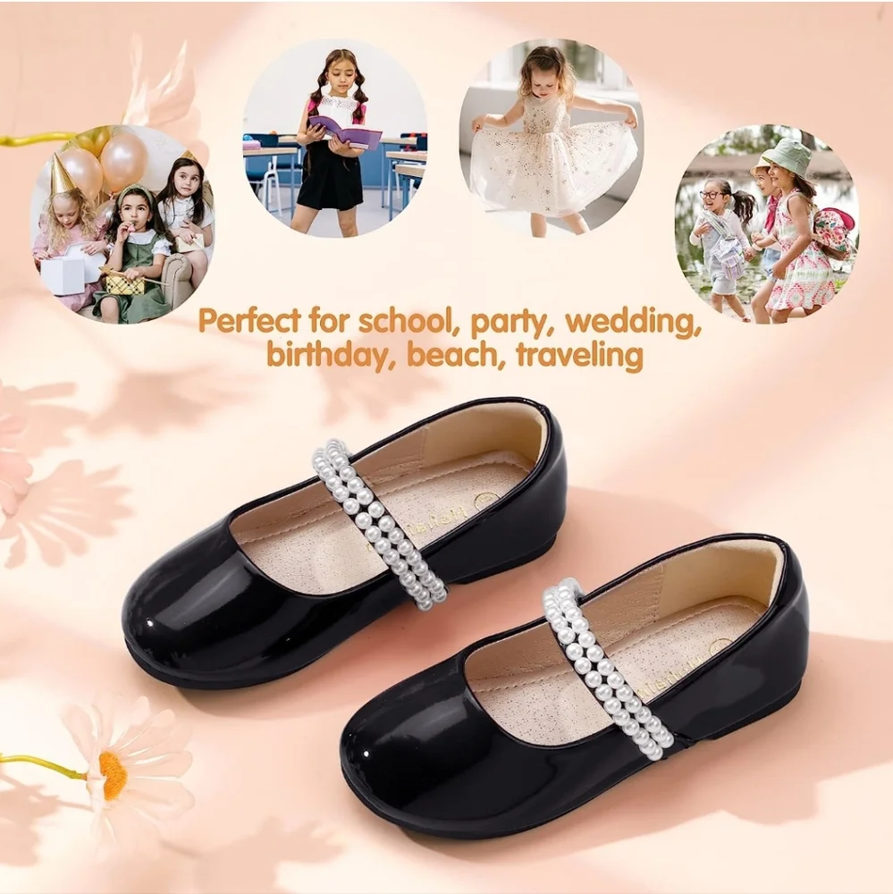 Hehainom Mary Jane Princess Ballet Flats Double Row Pearl Shoes w Free Headband - Picture 5 of 8